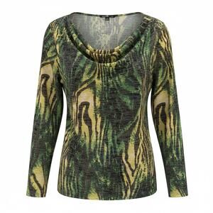 Cowl Neck Abstract Animal Print Top Green Black Long Sleeve Stretch Blouse XXL